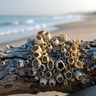 Shells on driftwood by the beach