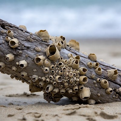 Barnacles on driftwood by the shore