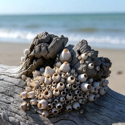 Barnacles on driftwood by the shore