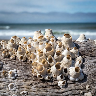 Shells on driftwood near ocean
