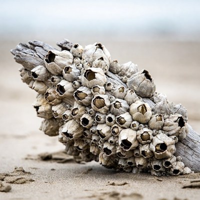 Barnacles on driftwood by the shore