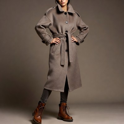 Model in coat and boots indoors