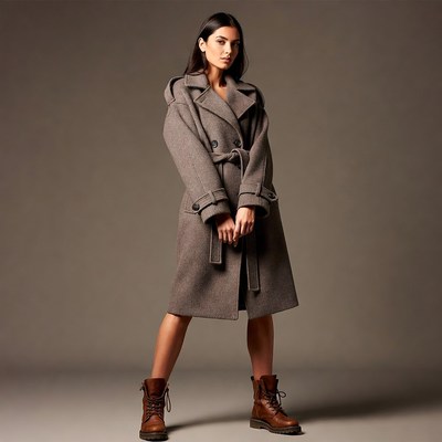 Fashion model in gray coat and boots