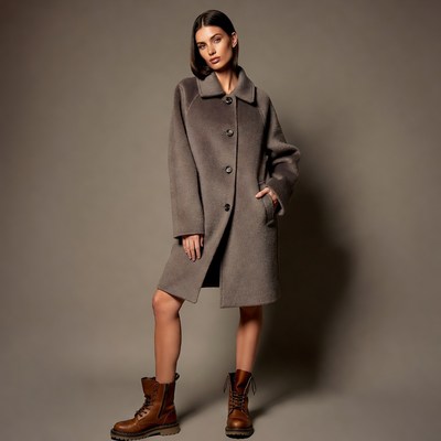Model poses in a gray coat with boots