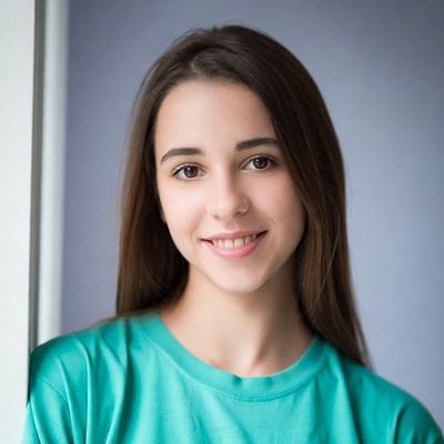 Girl smiling in teal shirt by the window