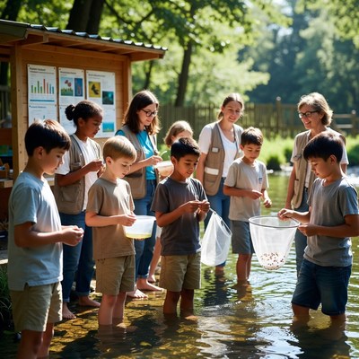 Kids learn about nature at a pond