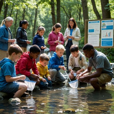 Children explore stream with nets