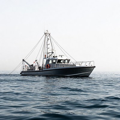 Fishing boat in calm waters near coast