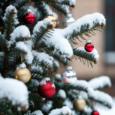Christmas tree with ornaments in snow