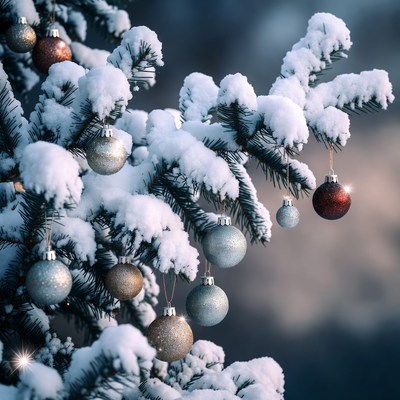 Snowy tree with holiday ornaments