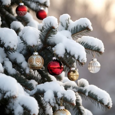 Snowy christmas decorations on tree