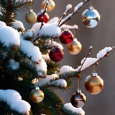 Decorated christmas tree with snow