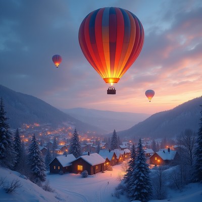 Hot air balloons over snowy village