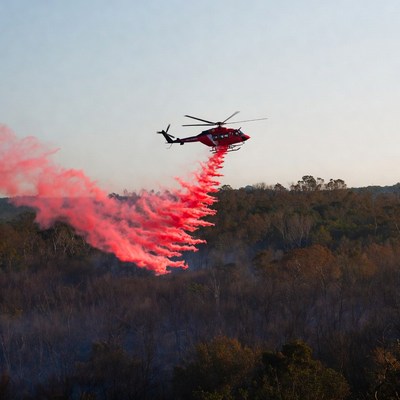 Helicopter drops red fire retardant