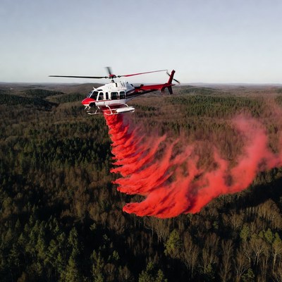 Helicopter spraying fire retardant in forest