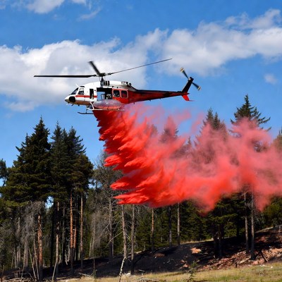 Helicopter drops red water over trees