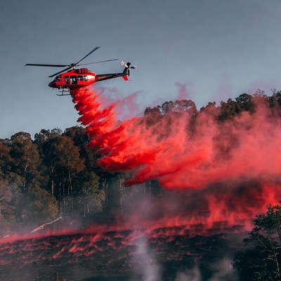 Helicopter dropping fire retardant during wildfire