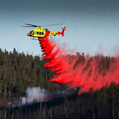 Helicopter drops water on forest fire