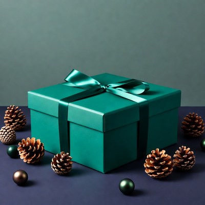 Green gift box with decoration around