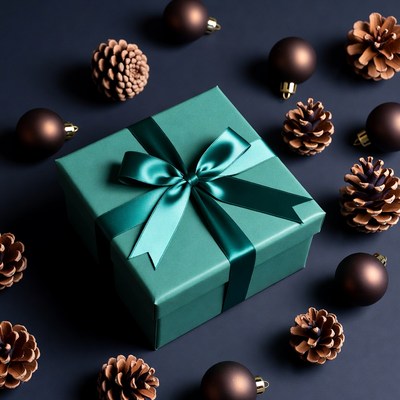 Gift box surrounded by festive decor