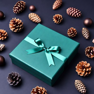 Gift box with pine cones around