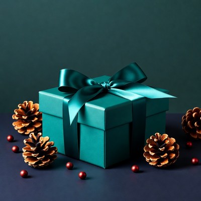 Holiday gift with decorations on table