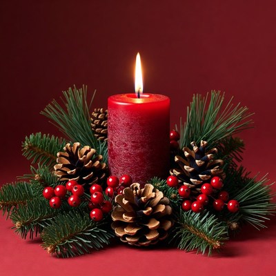 Red candle with pine and berries