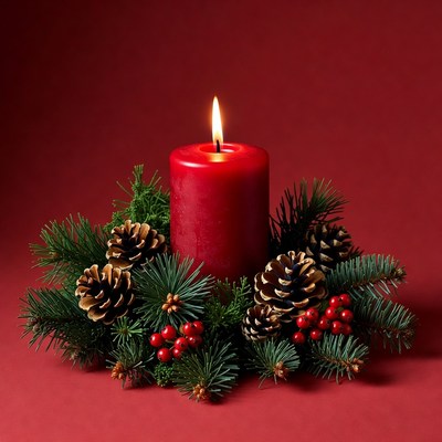 Red candle surrounded by holiday decor