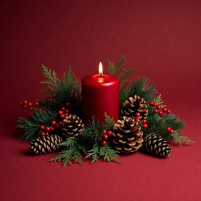 Red candle with pine decorations for holidays