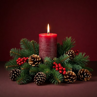 Red candle with pine and berries