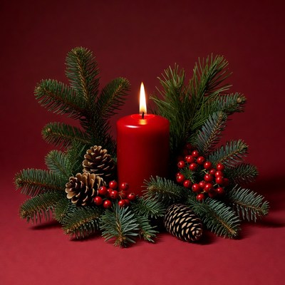 Red candle in holiday arrangement