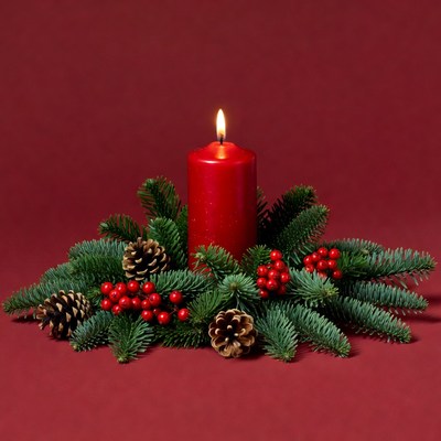 Red candle with holiday greens and decorations