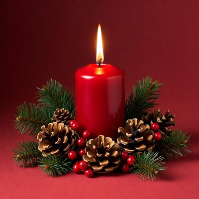 Red candle with pine and berries display