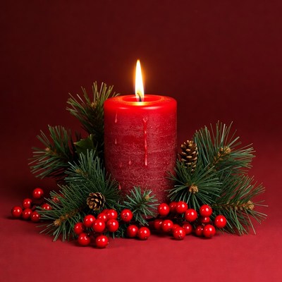 Red candle with holiday decorations