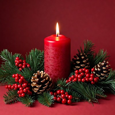 Red candle with pine and berries