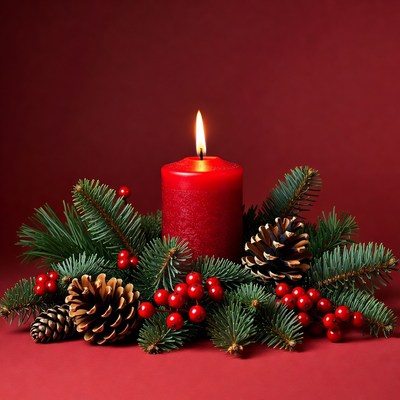 Red candle with pine and berries