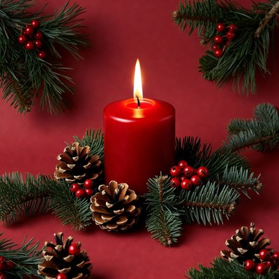 Red candle with pine and berries