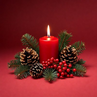 Red candle with pinecones and berries