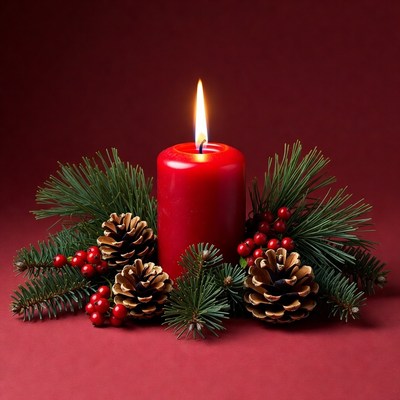 Red candle with pine and berries