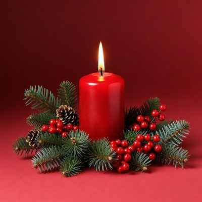 Red candle with holiday decorations