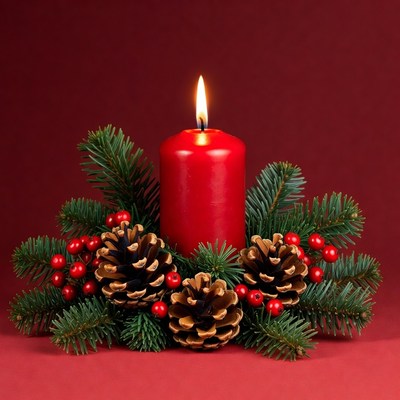 Red candle with pine decorations for holiday