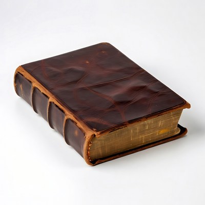 Old leather bound book on white background