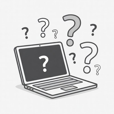 Laptop with question marks around it