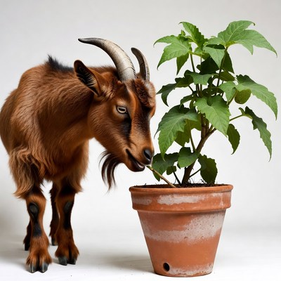 Goat eating plant in pot