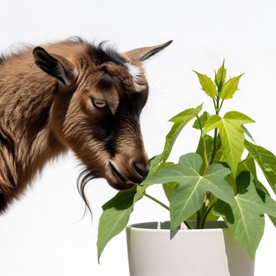 Goat looks at potted plant