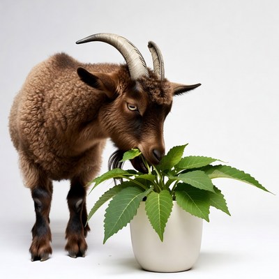 Goat eating from a plant pot