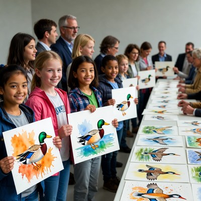 Children display duck paintings in gallery event