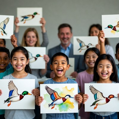 Group of people showing artwork together