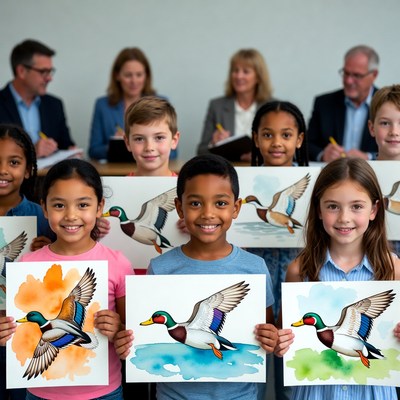 Kids show their duck paintings in a classroom