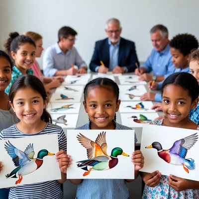Children display artworks of ducks